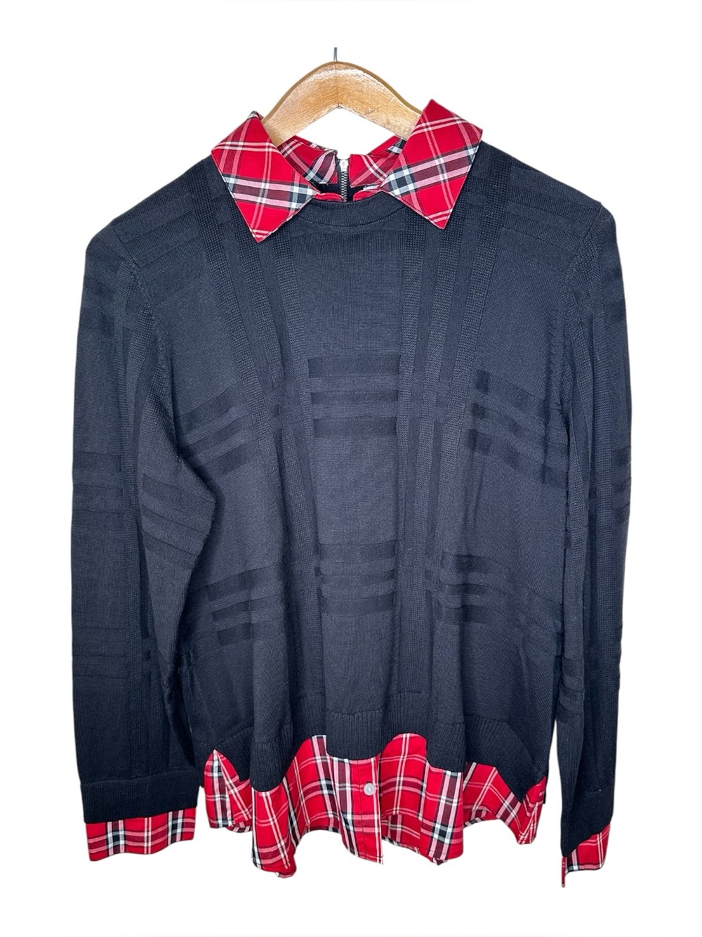 Foxcroft Layered Sweater Red Plaid Trim Size 2X Collared 1/4 Zip Black New